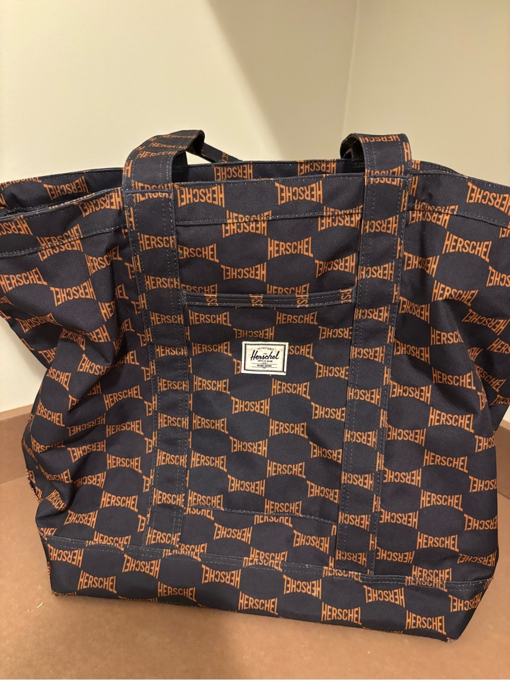 Herschel Supply Company Navy and Orange Allover Logo Tote